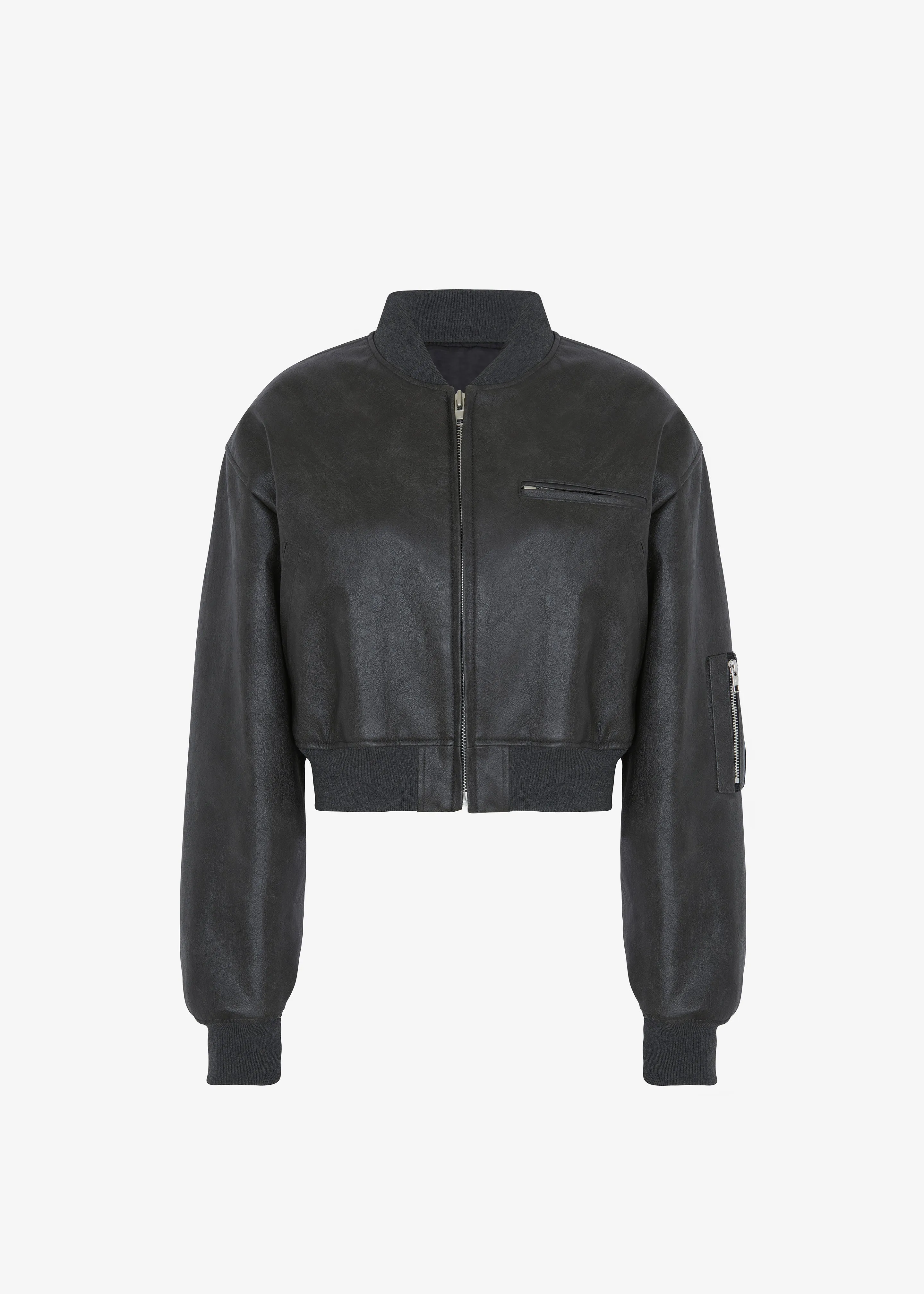 Gae Faux Leather Cropped Bomber - Charcoal