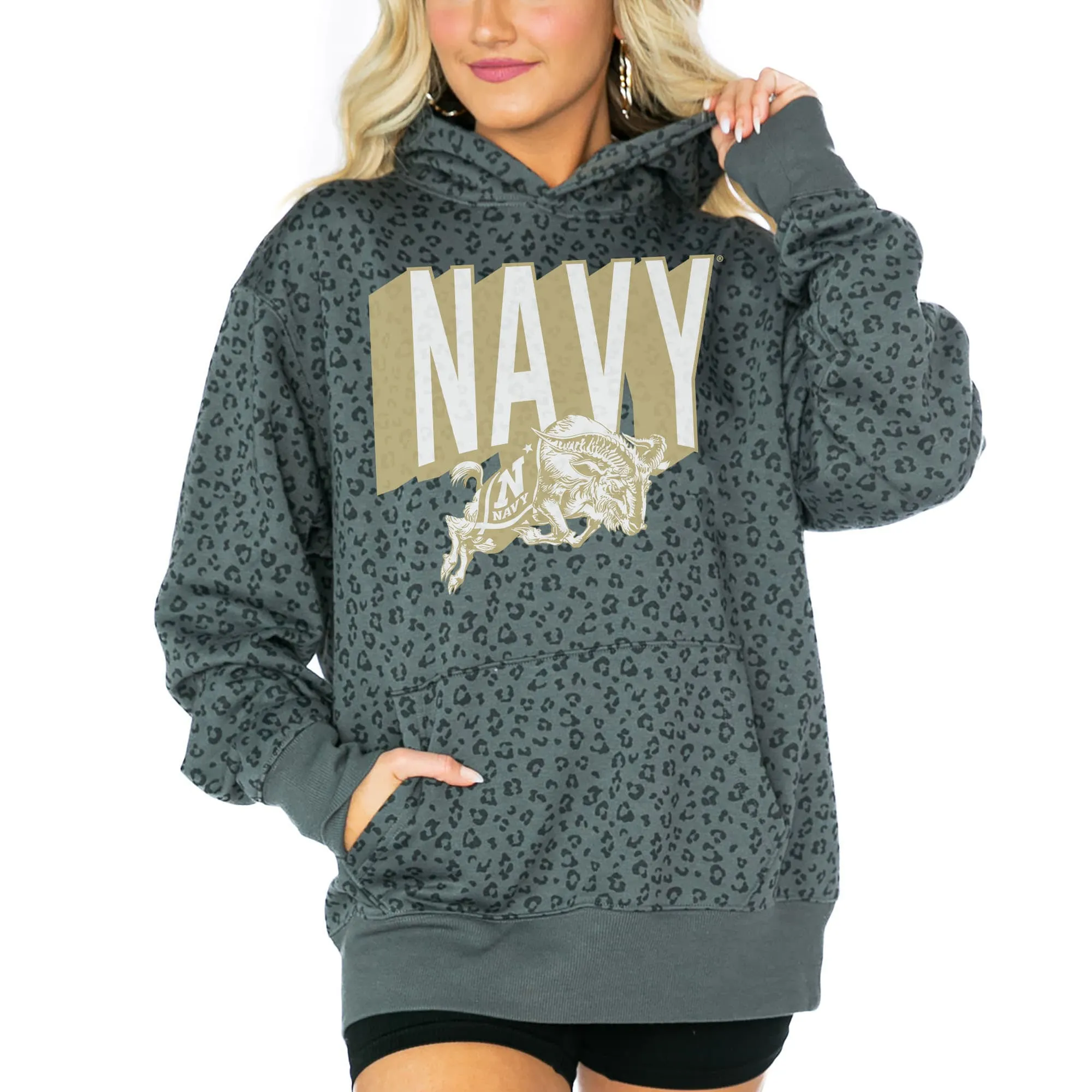 Gameday Couture  Navy Midshipmen Women's Black Running Wild Leopard Print Pullover Hoodie