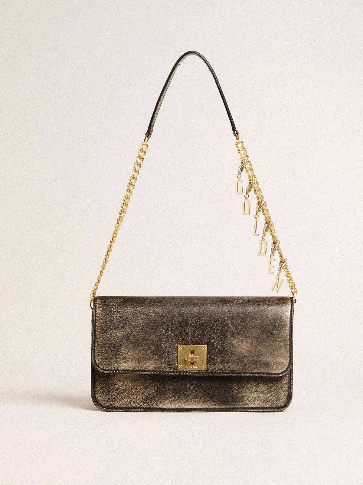 Gioia Bag in black vintage leather with gold details