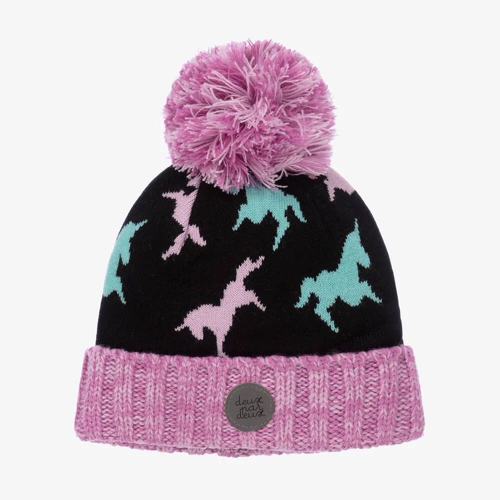 Girls Black Knit Pom-Pom Hat