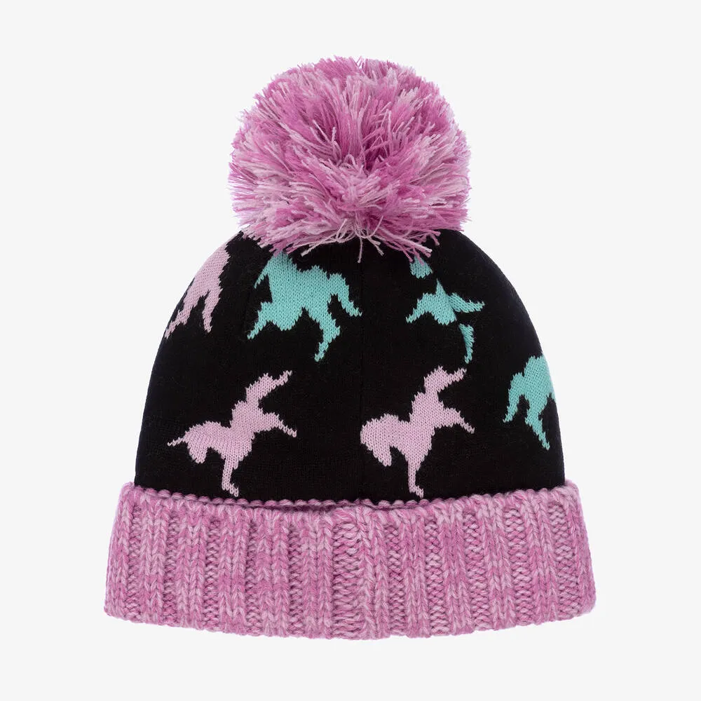 Girls Black Knit Pom-Pom Hat