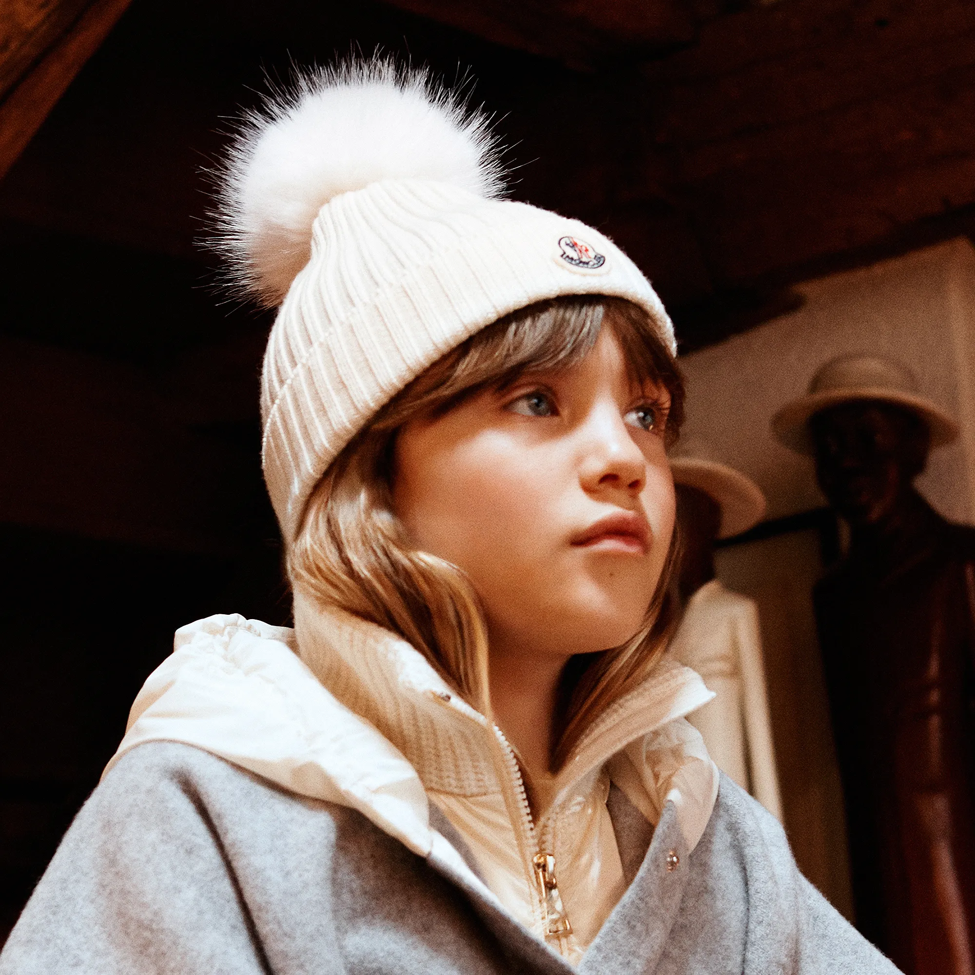 Girls Ivory Wool Pom-Pom Hat