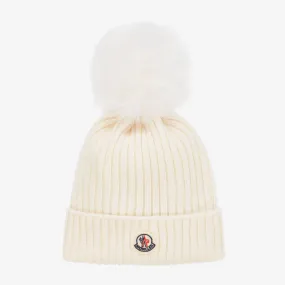 Girls Ivory Wool Pom-Pom Hat