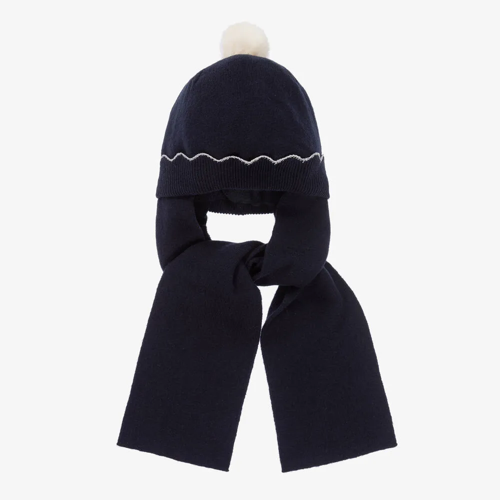 Girls Navy Blue Cotton & Wool Hat