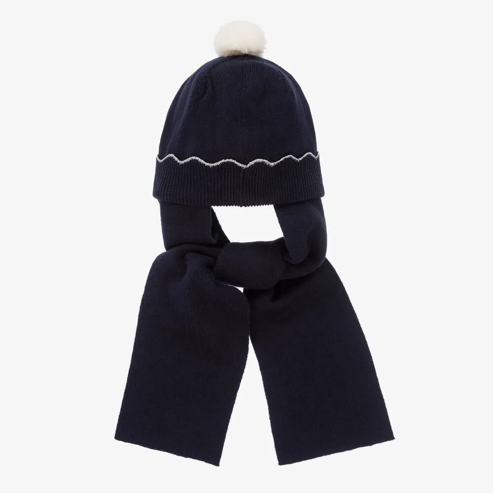 Girls Navy Blue Cotton & Wool Hat