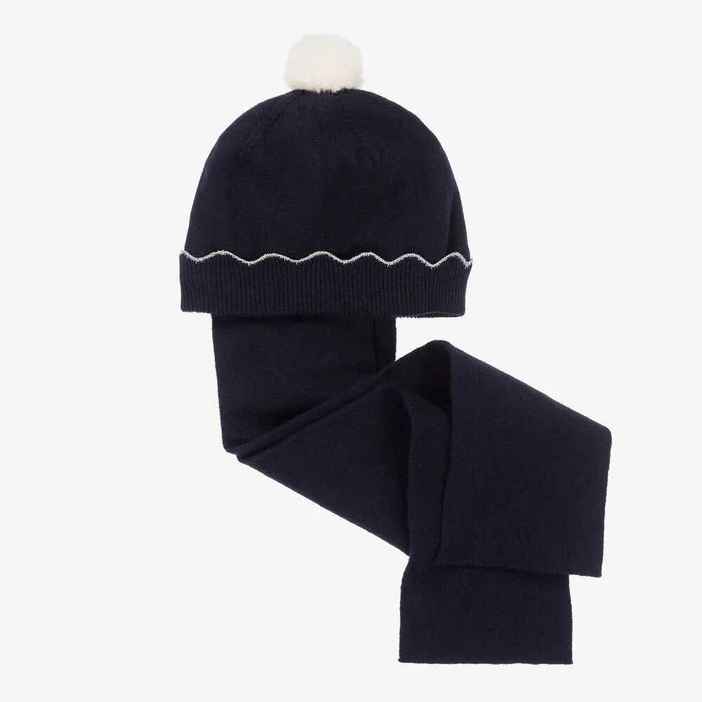 Girls Navy Blue Cotton & Wool Hat