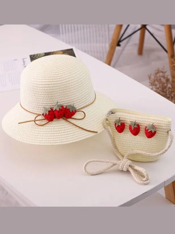 Girls Strawberry Straw Hat with Matching Purse