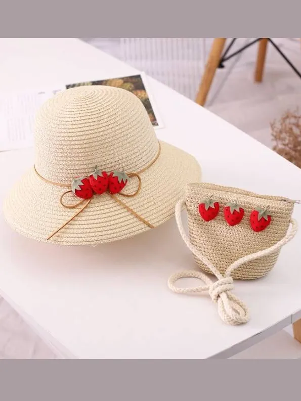 Girls Strawberry Straw Hat with Matching Purse