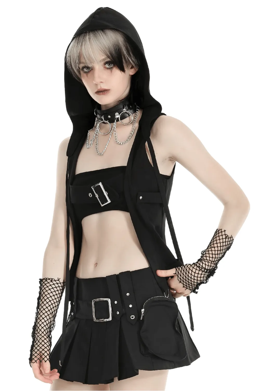 Gothic Sleeveless Hooded Top with Buckle Strap Detail