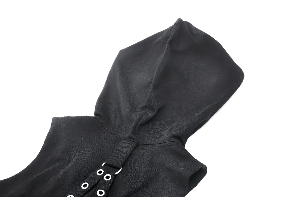 Gothic Sleeveless Hooded Top with Buckle Strap Detail