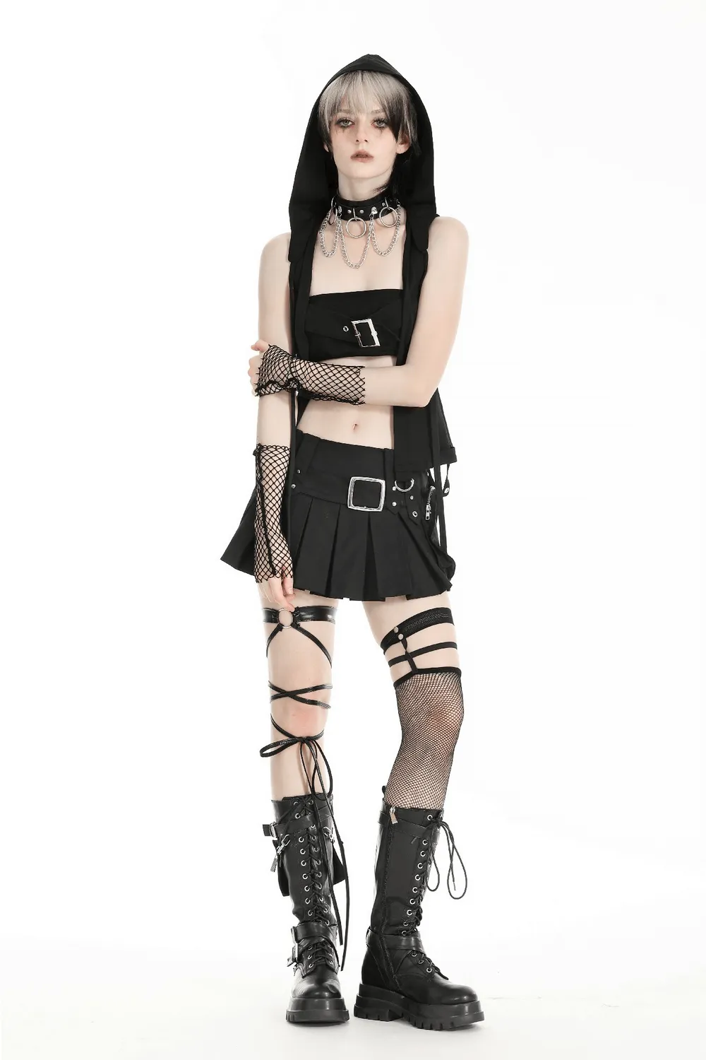 Gothic Sleeveless Hooded Top with Buckle Strap Detail