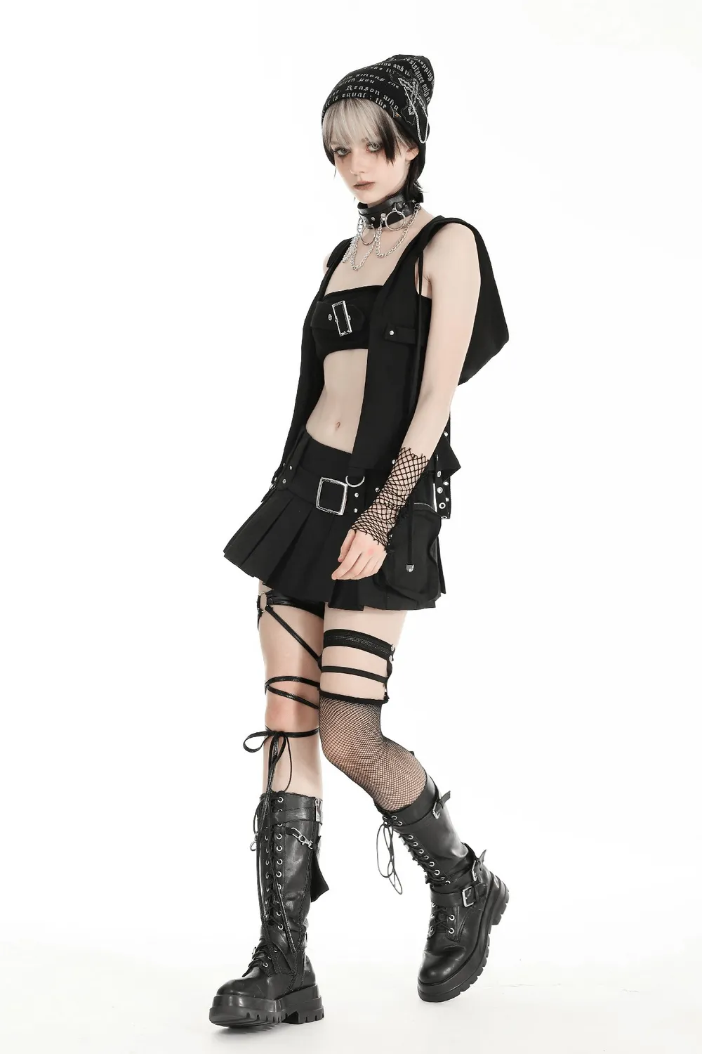 Gothic Sleeveless Hooded Top with Buckle Strap Detail