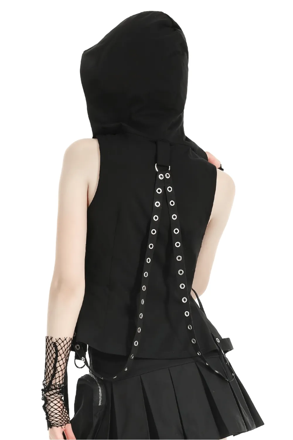 Gothic Sleeveless Hooded Top with Buckle Strap Detail