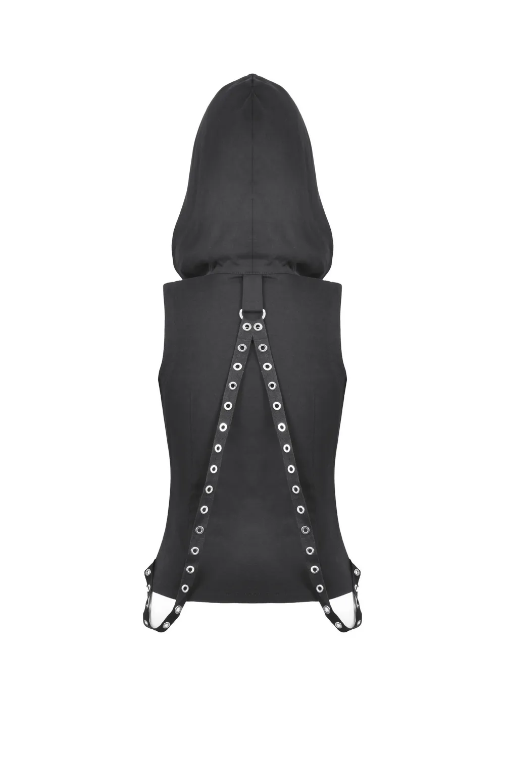 Gothic Sleeveless Hooded Top with Buckle Strap Detail