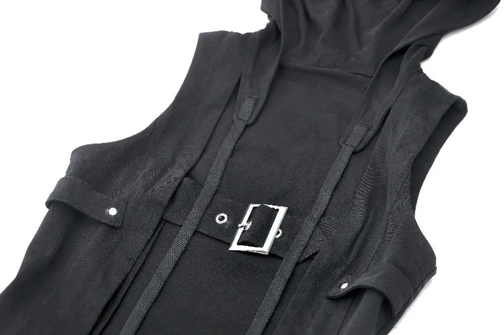 Gothic Sleeveless Hooded Top with Buckle Strap Detail