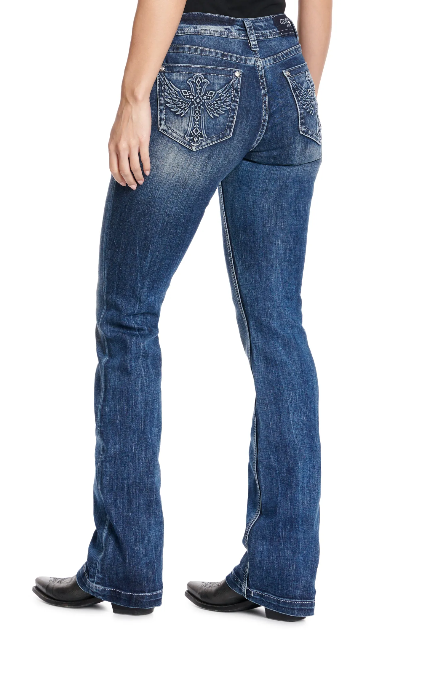 Grace in L.A. Women's Dark Wash Raised Denim Winged Cross Pocket Easy Fit Jeans