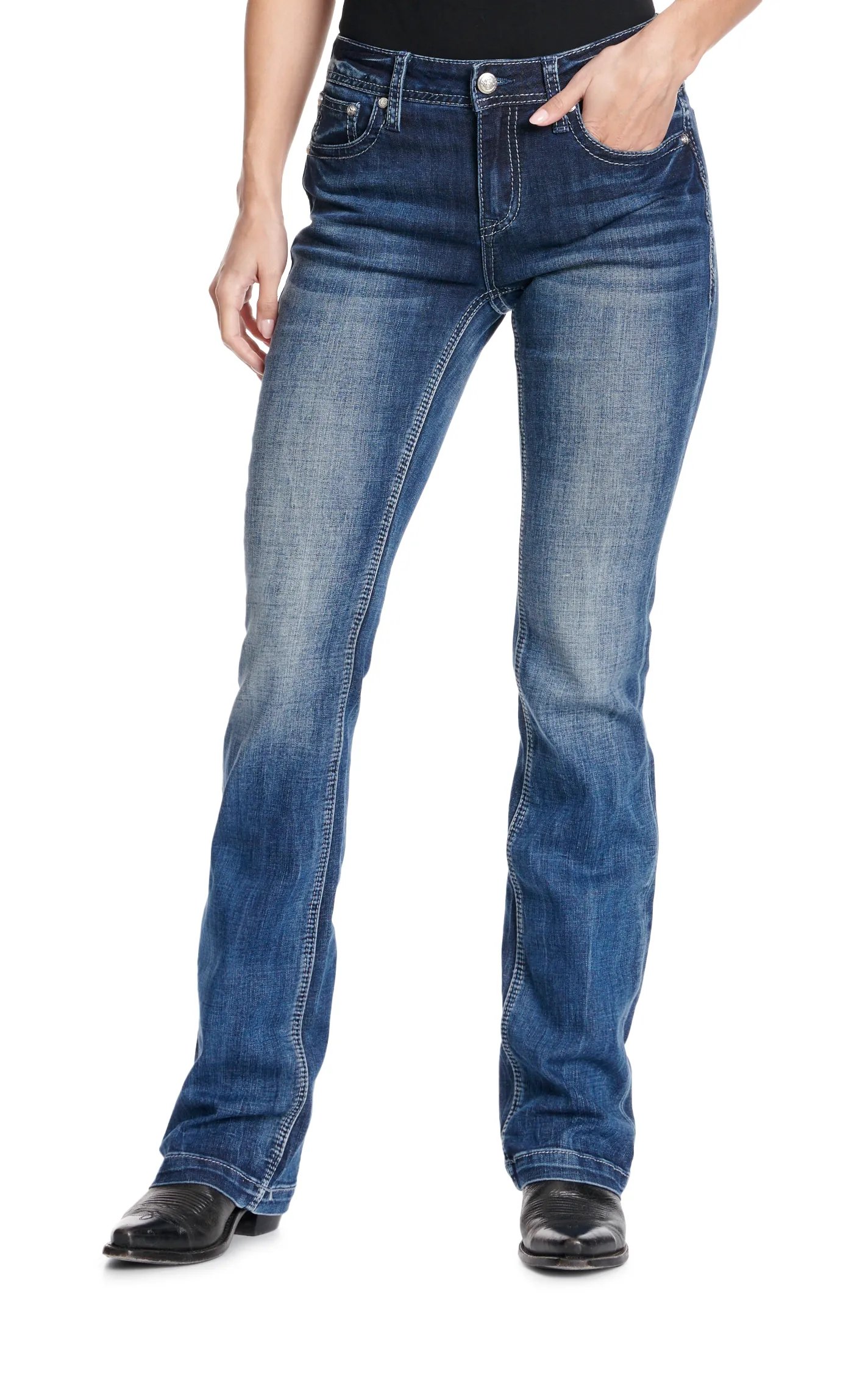 Grace in L.A. Women's Dark Wash Raised Denim Winged Cross Pocket Easy Fit Jeans