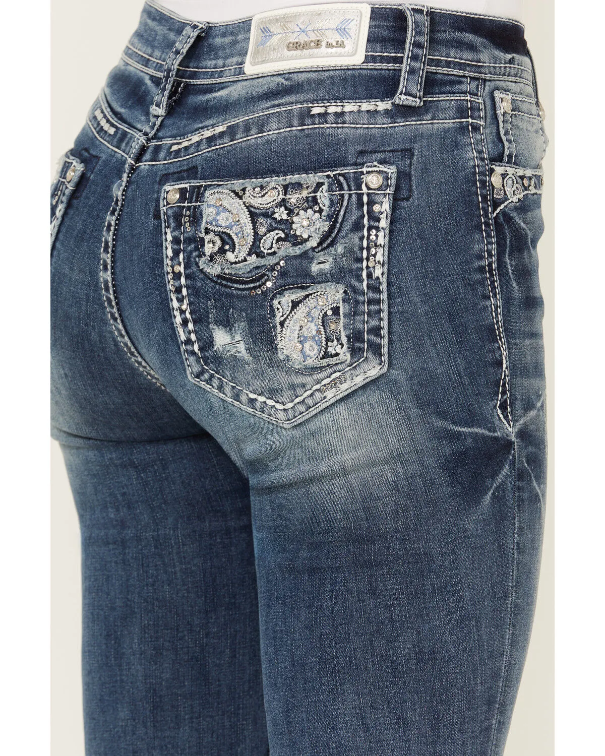 Grace In LA Women's Medium Wash Paisley Pocket Mid Rise Stretch Denim Jeans