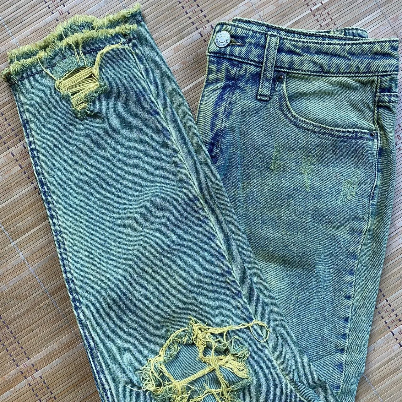 Hand Dyed Upcycled Distressed, High Rise "Mom" Style Jeans