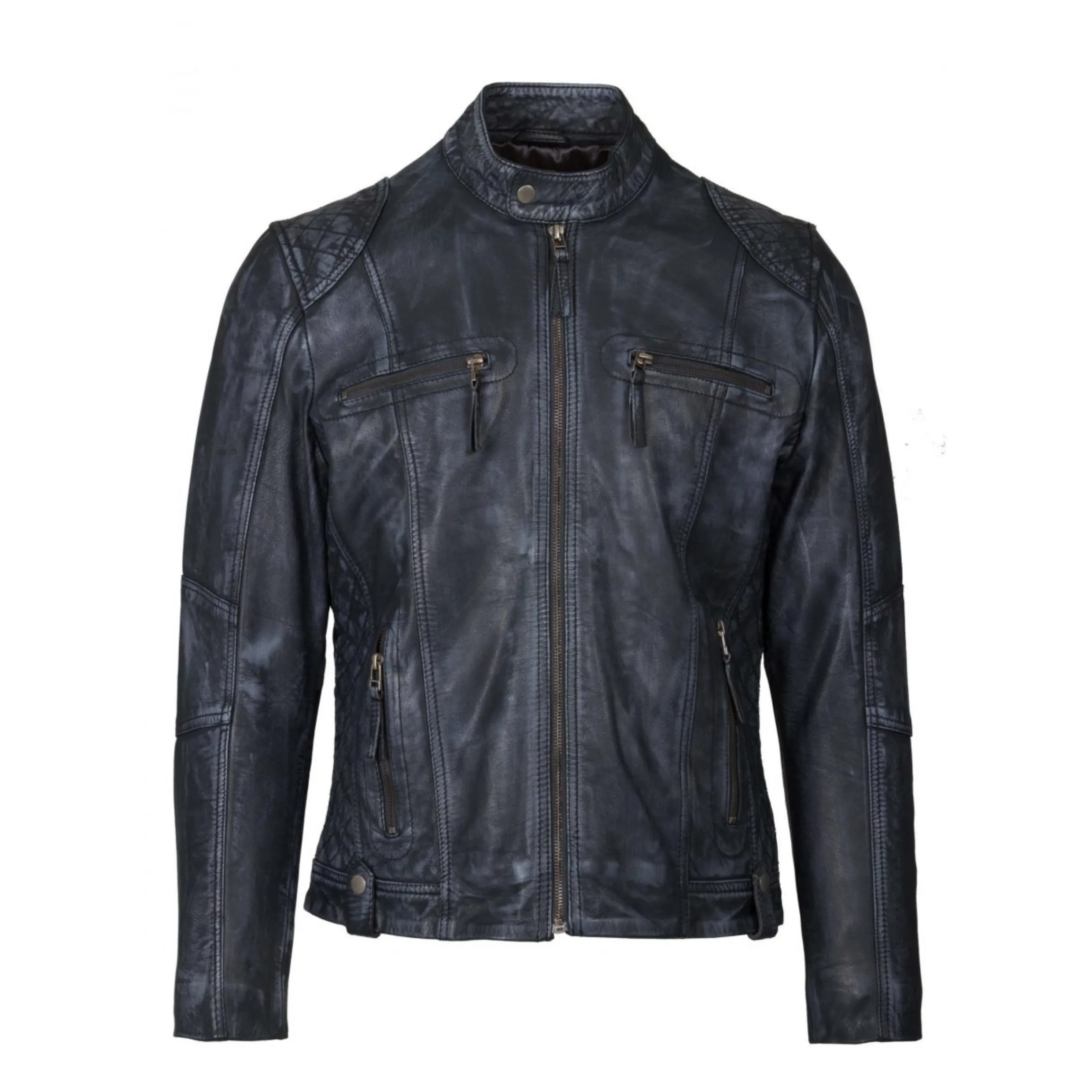 Helium Lamb Nappa Leather Biker Style Jacket - Navy