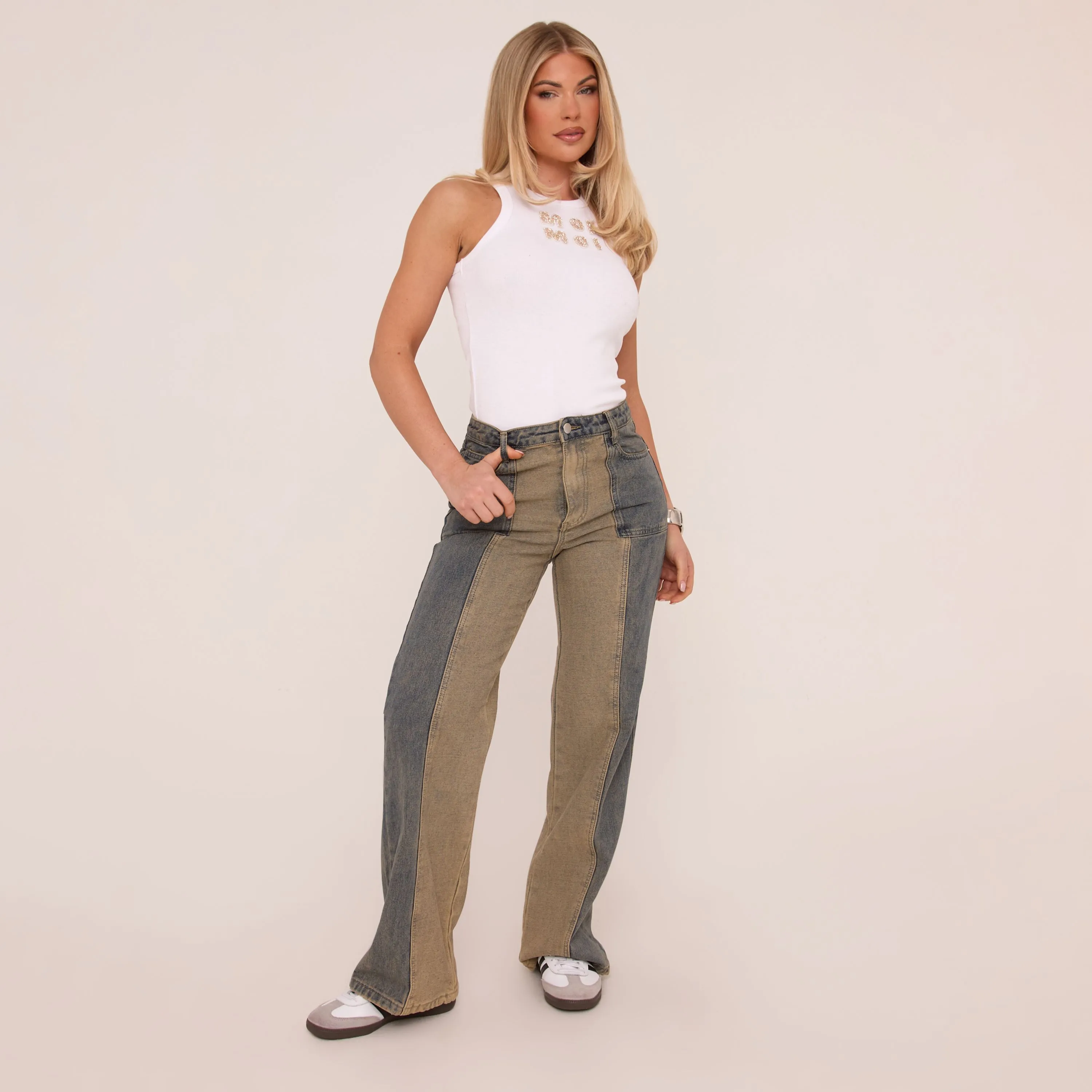 High Waist Contrast Panel Straight Leg Jeans In Washed Blue Denim