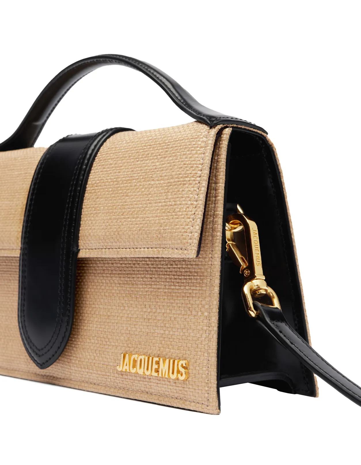 JACQUEMUS The Large Bambino Bag In Black Leather and Natural Raffia