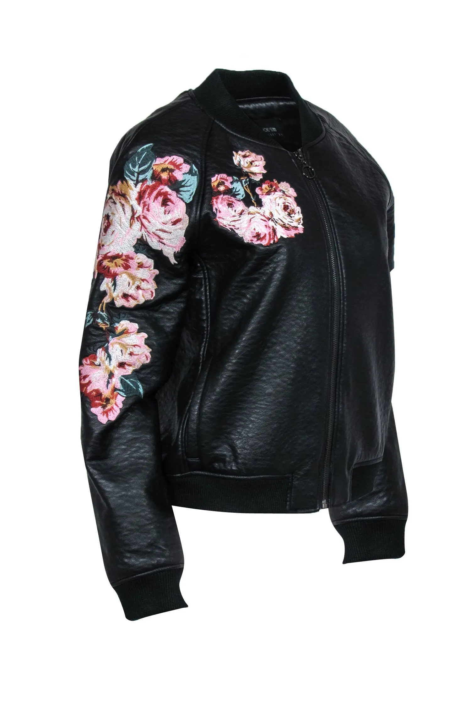 Joe's - Black Faux Leather Jacket w/ Floral Embroidery Sz M