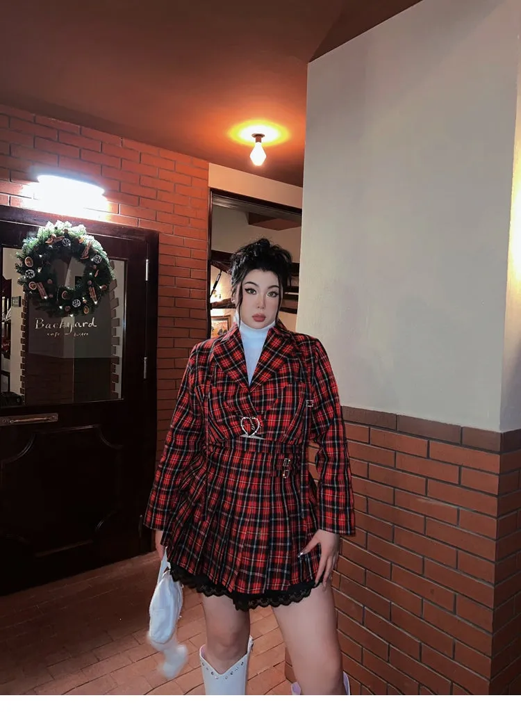 Kelsey Rhinestone Heart Plaid Long Sleeve Cropped Jacket Pleated Skirt Matching Set