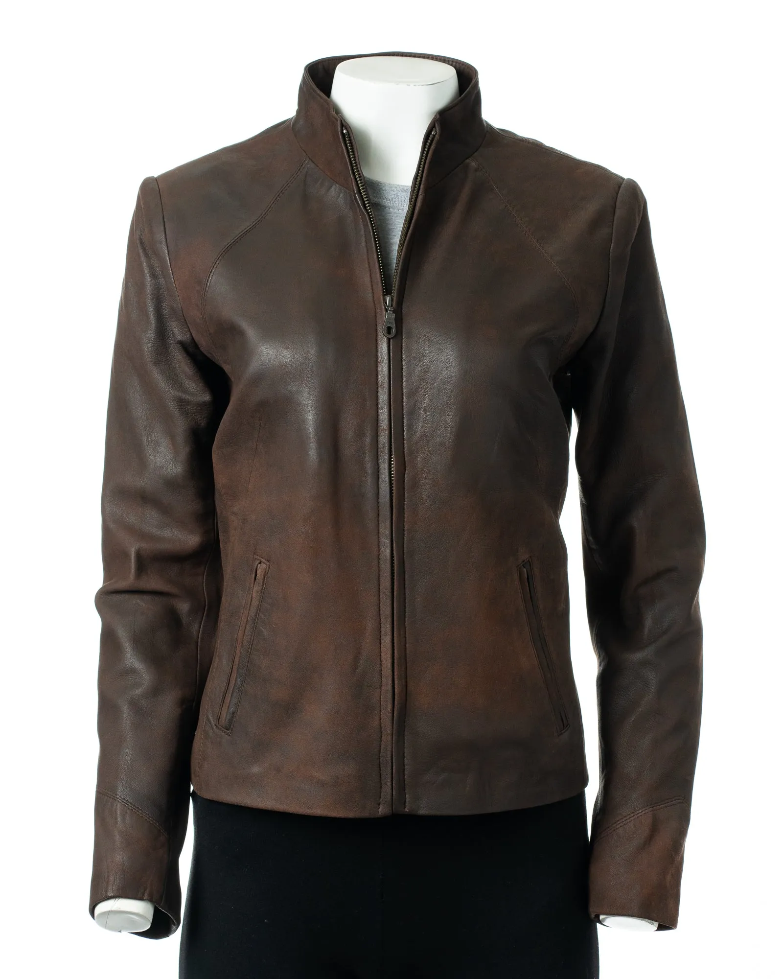 Ladies Buff Brown Plain Short Zipped Leather Jacket: Angelina