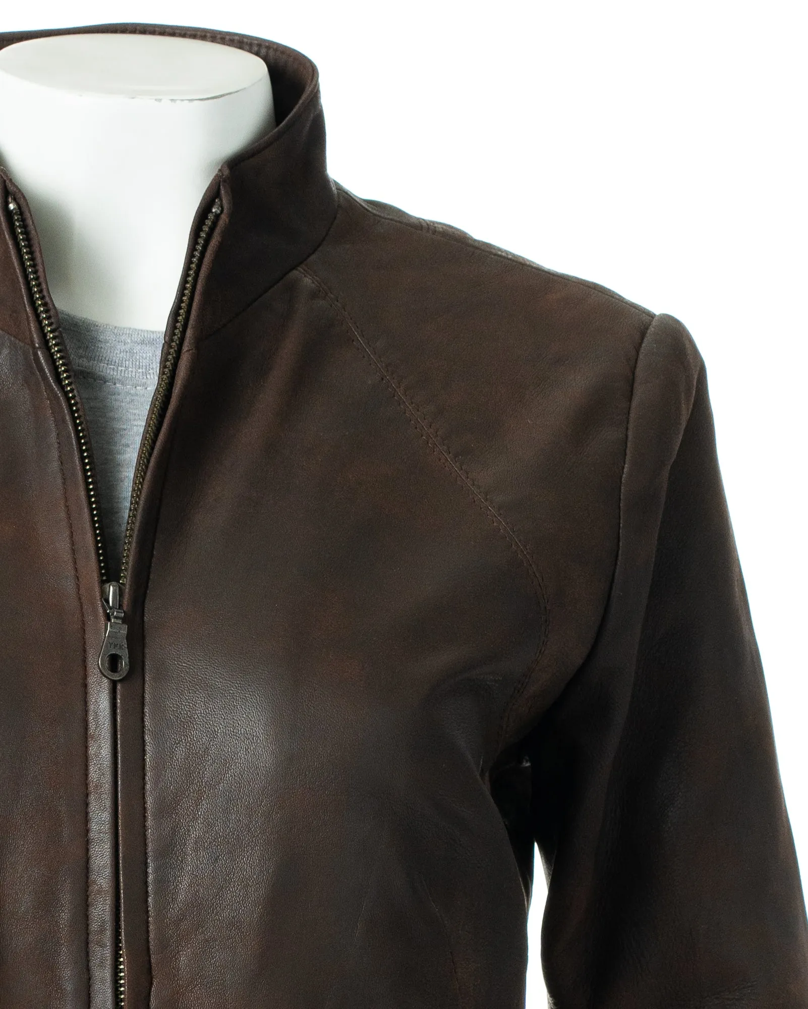 Ladies Buff Brown Plain Short Zipped Leather Jacket: Angelina