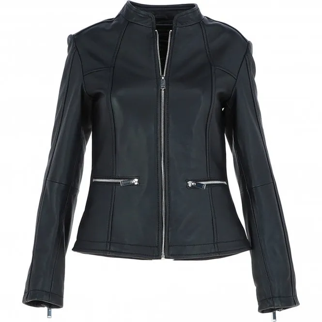 Ladies Veg Tanned Leather Mandarin Collar Biker Jacket Black: AWL-265