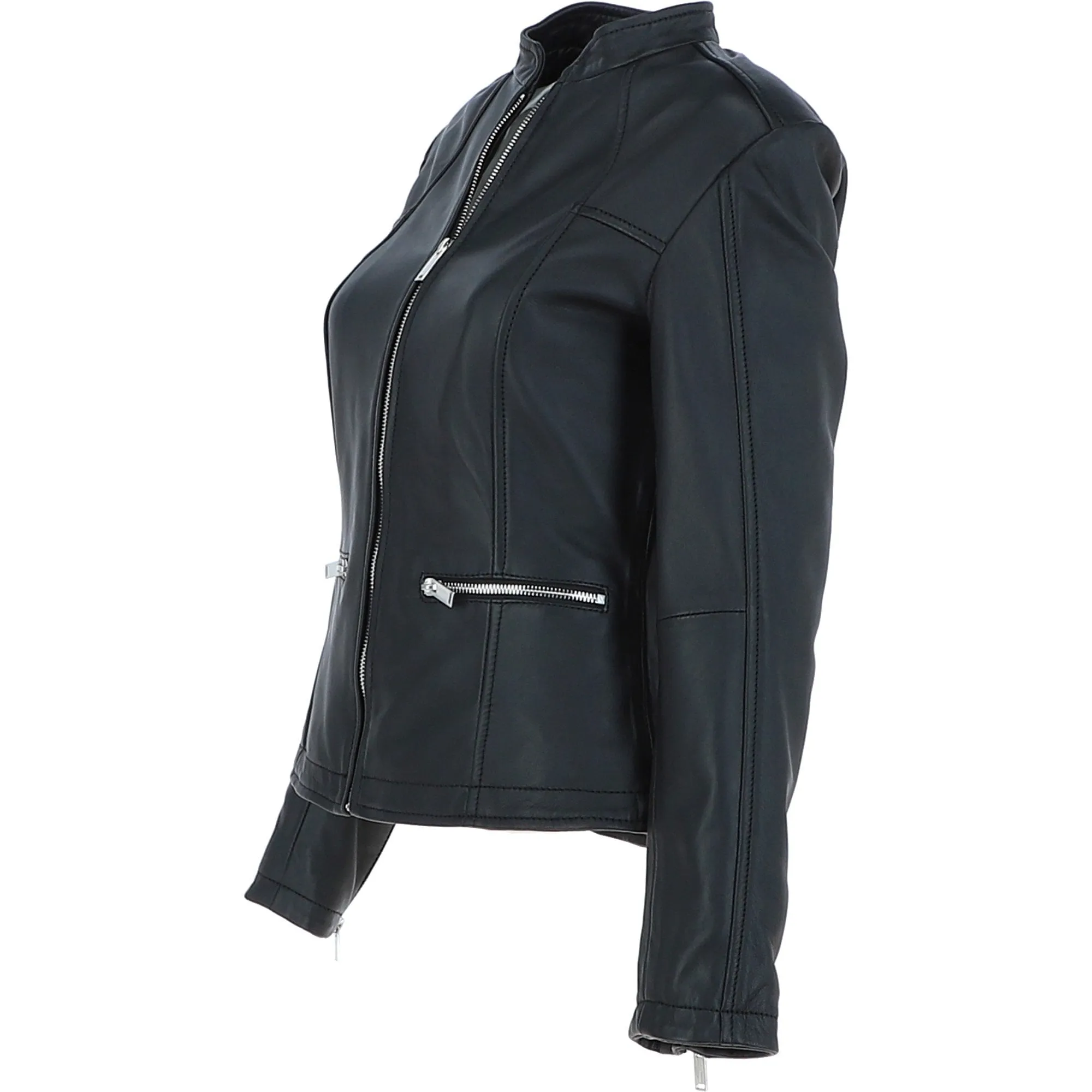 Ladies Veg Tanned Leather Mandarin Collar Biker Jacket Black: AWL-265