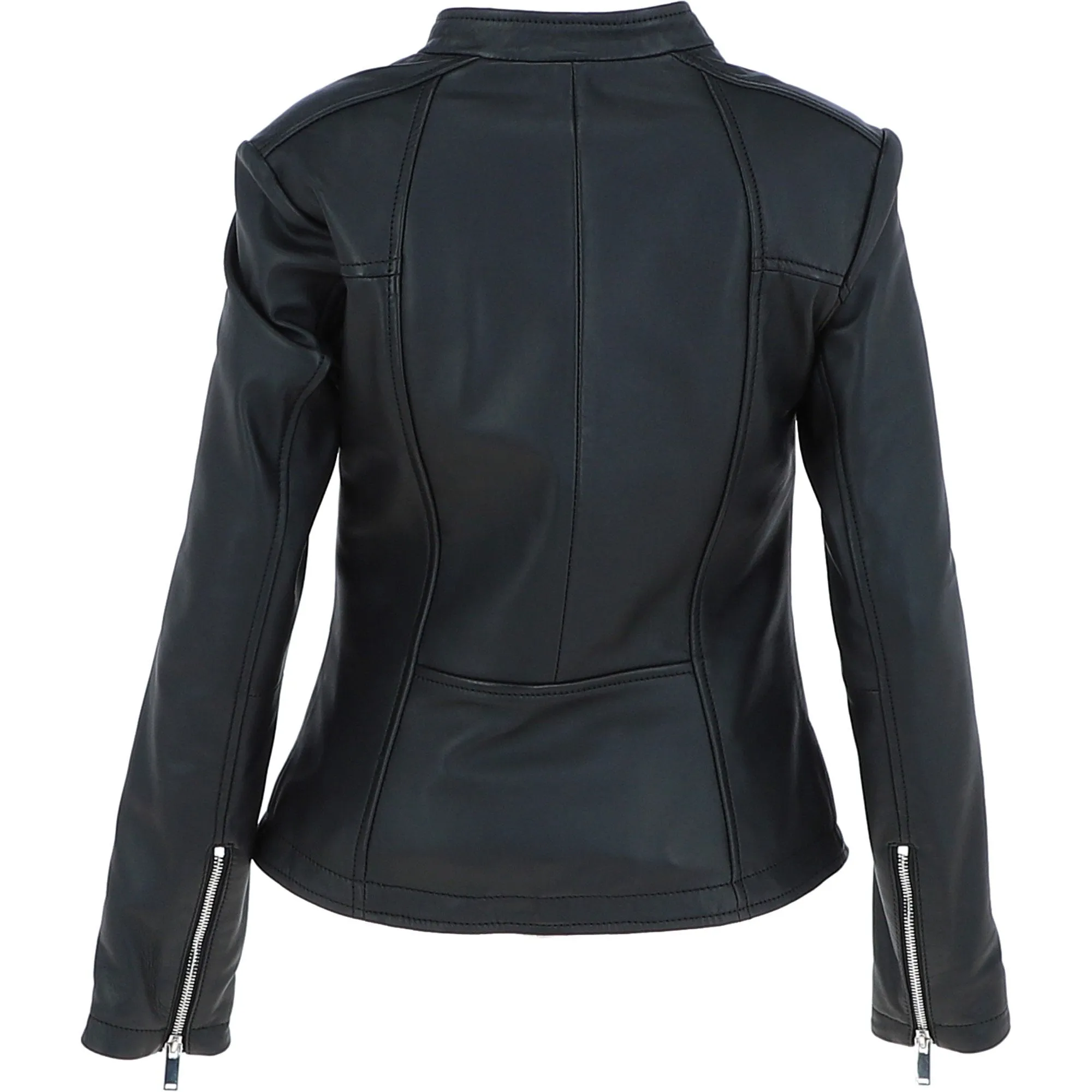 Ladies Veg Tanned Leather Mandarin Collar Biker Jacket Black: AWL-265