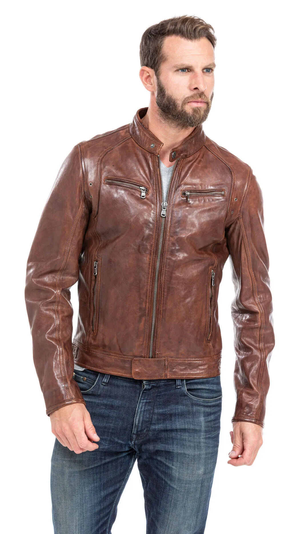 Leather jacket man tan style motorcycle 100233