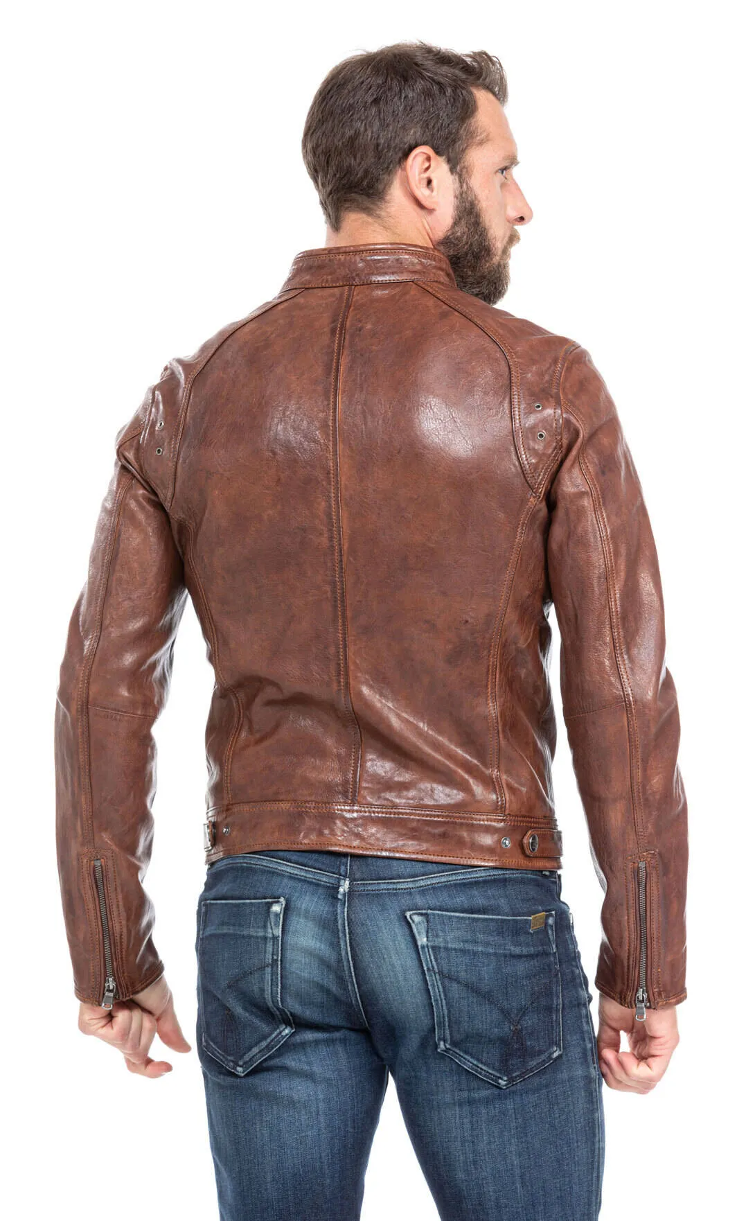 Leather jacket man tan style motorcycle 100233