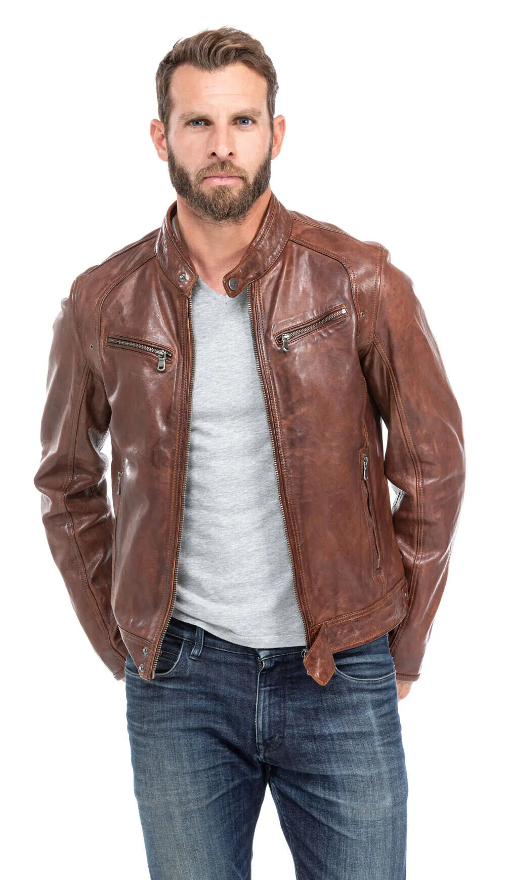 Leather jacket man tan style motorcycle 100233