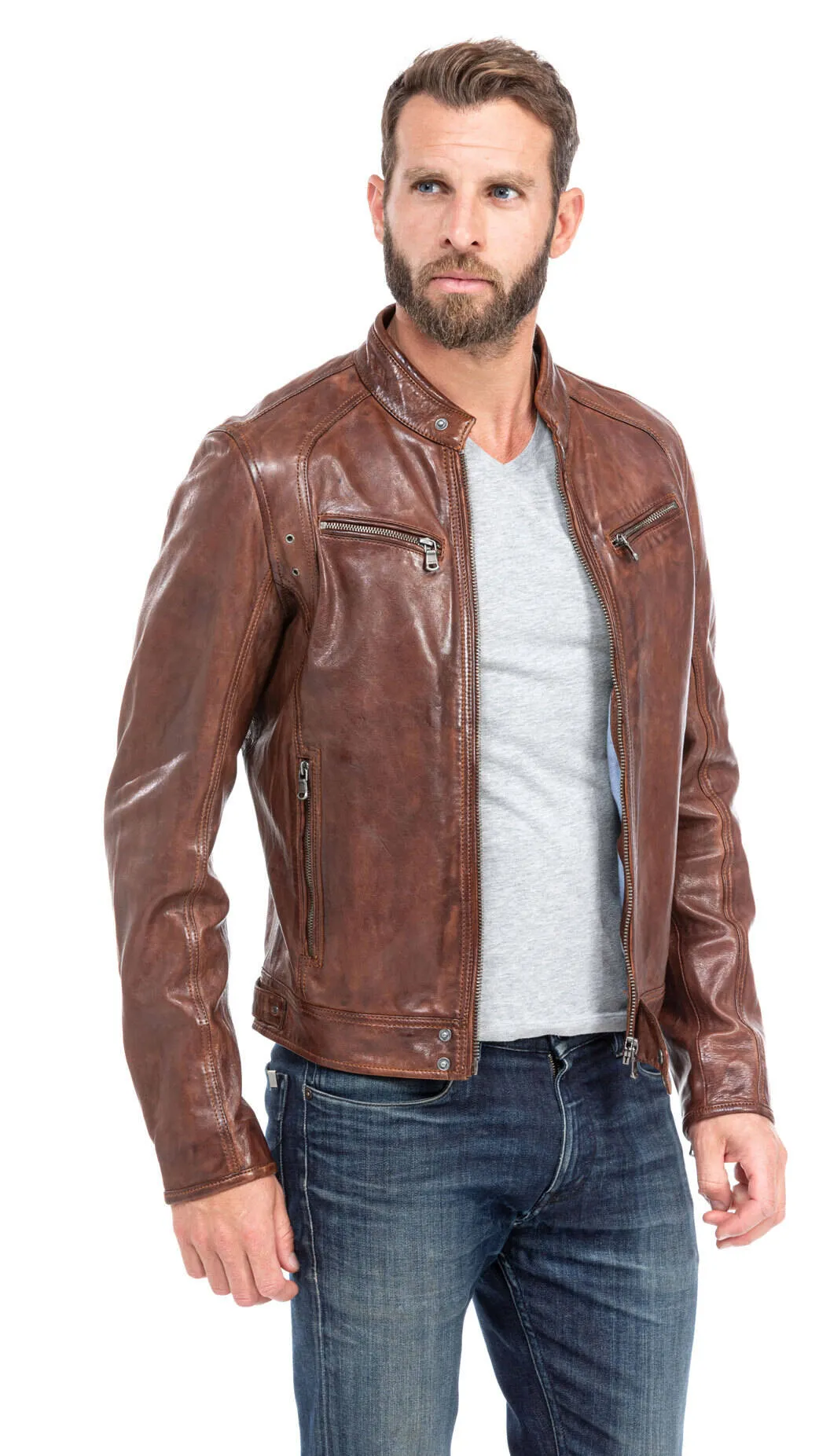 Leather jacket man tan style motorcycle 100233