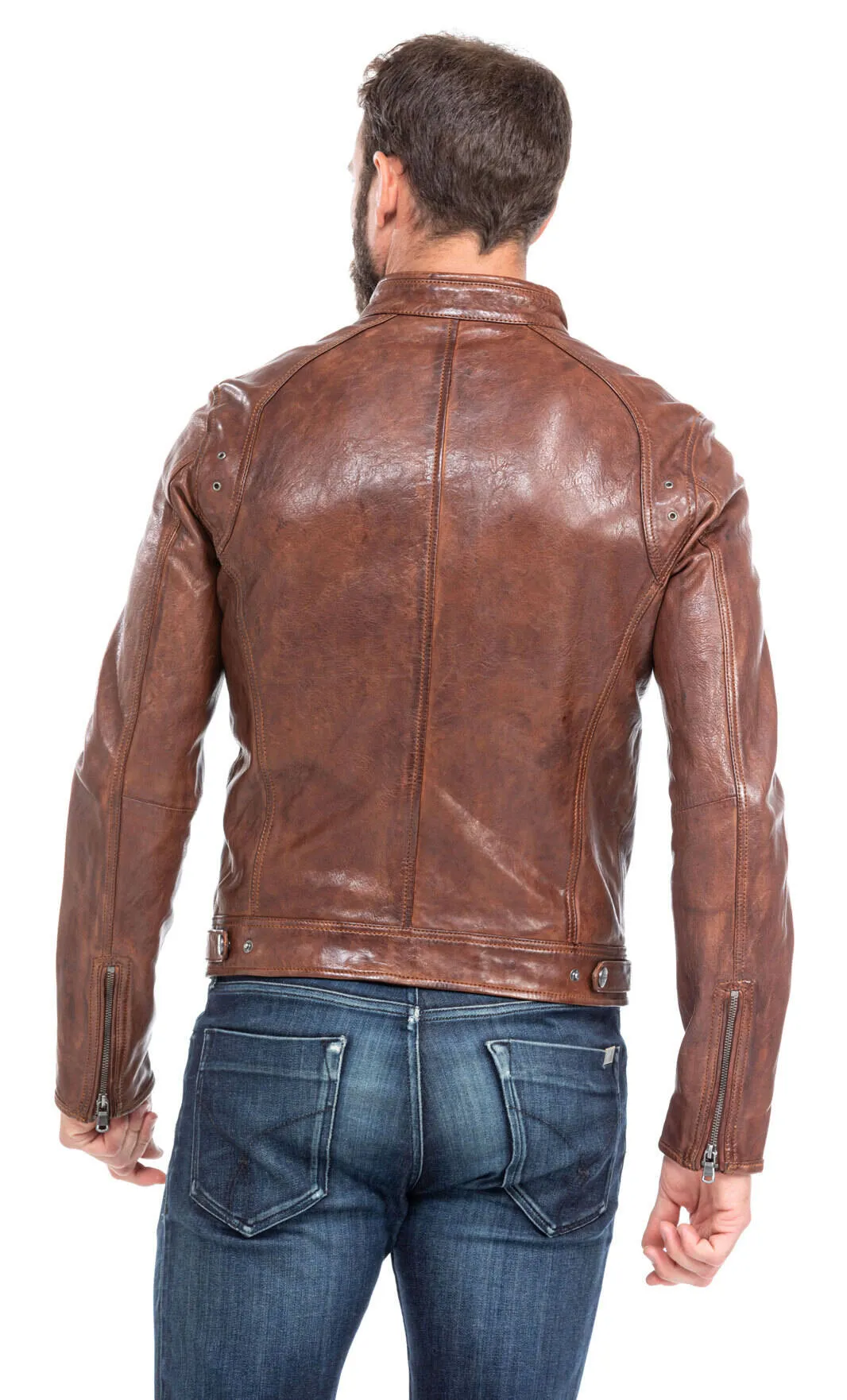 Leather jacket man tan style motorcycle 100233