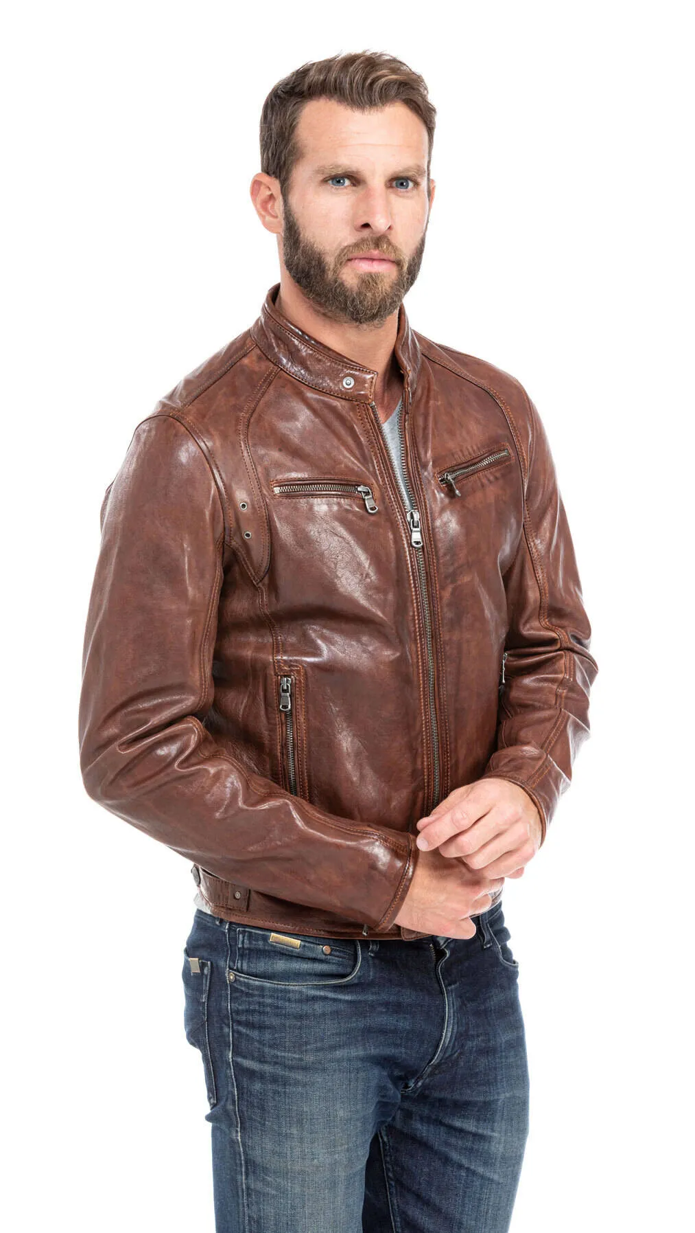 Leather jacket man tan style motorcycle 100233