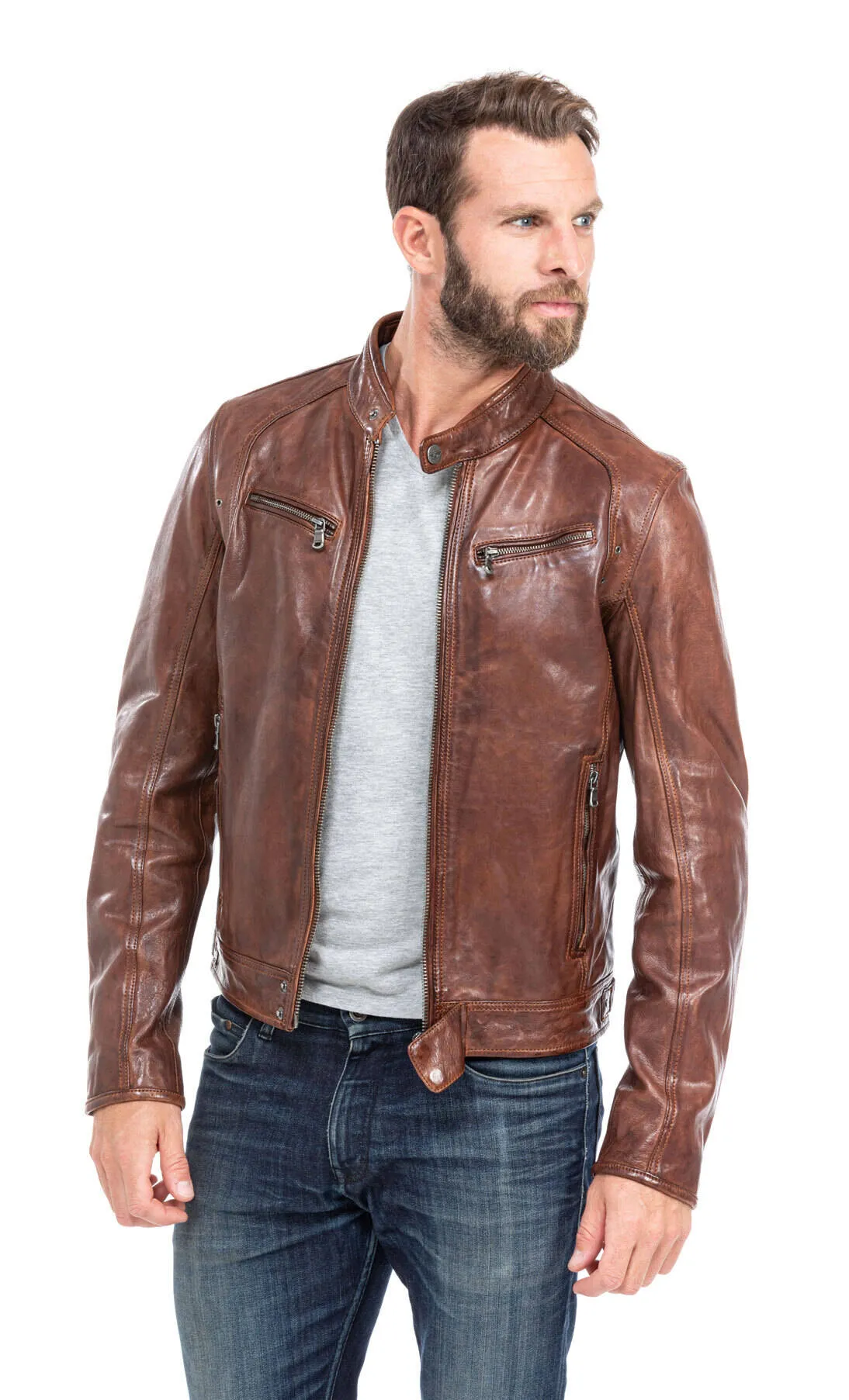 Leather jacket man tan style motorcycle 100233