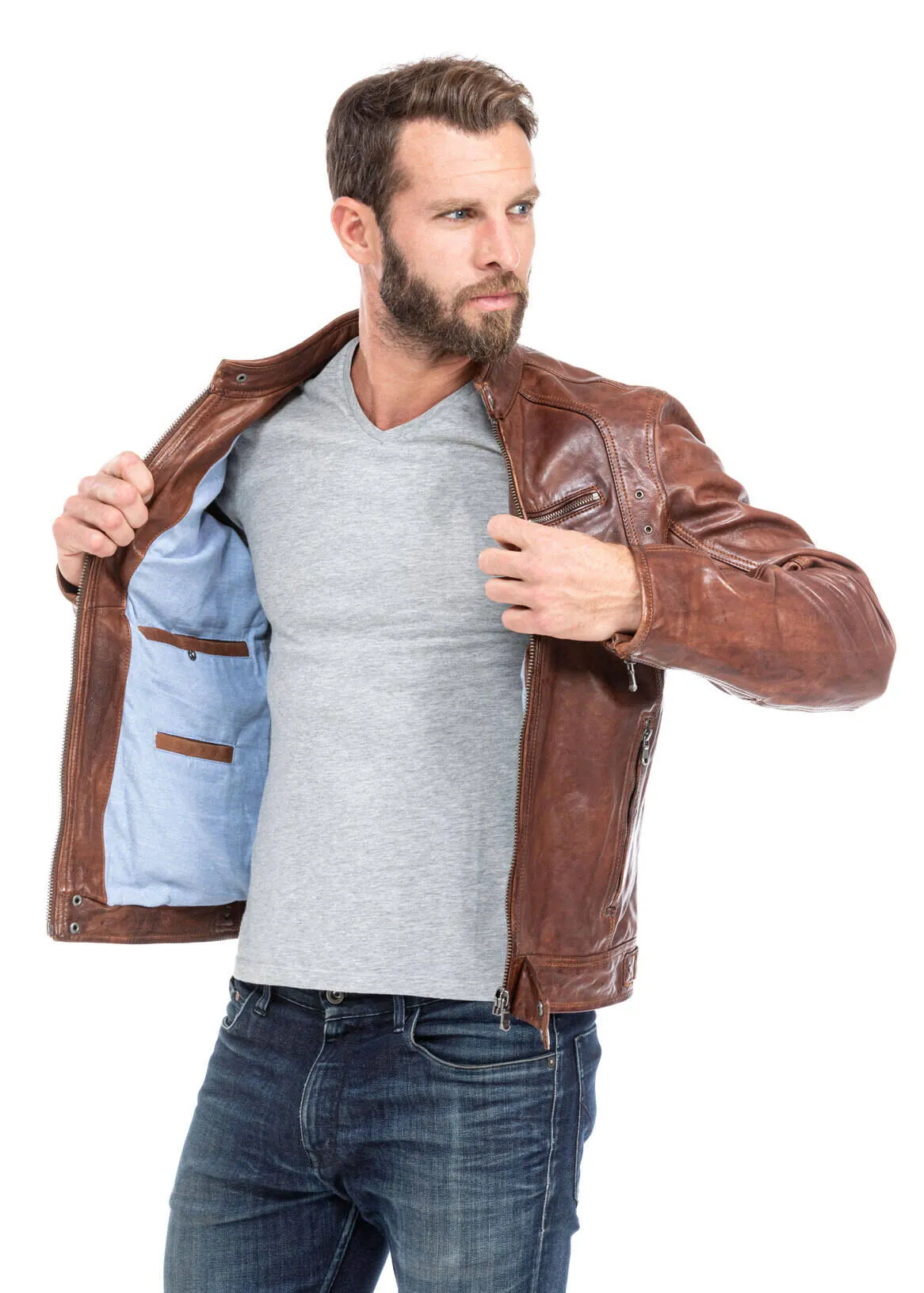 Leather jacket man tan style motorcycle 100233