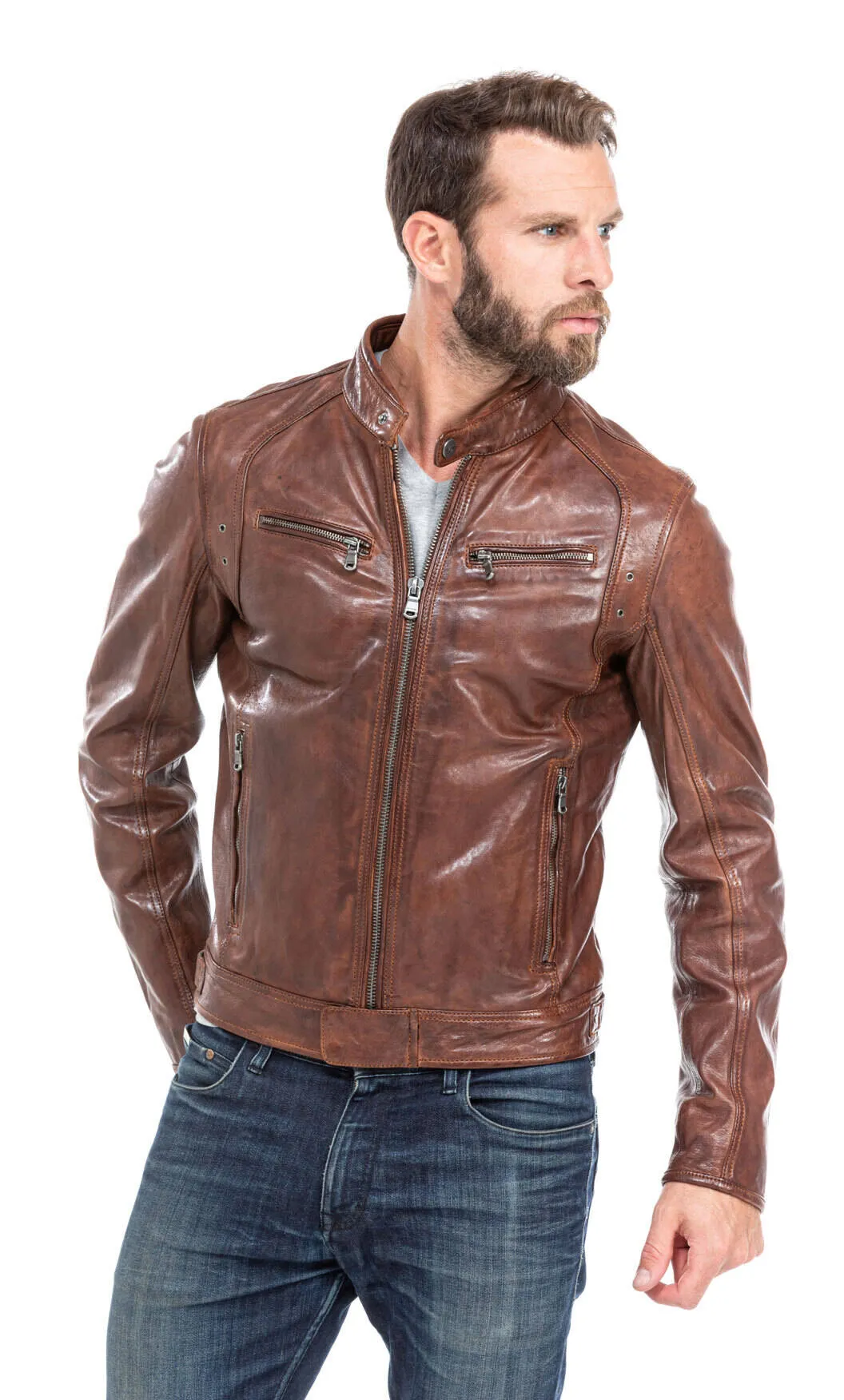 Leather jacket man tan style motorcycle 100233