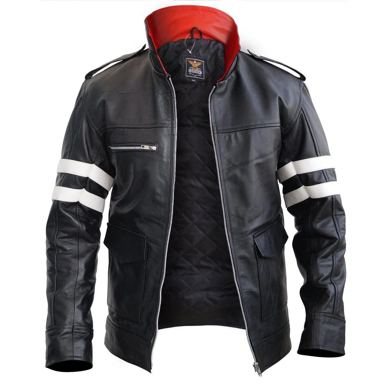 Leather Skin Black Leather Jacket with White Stripes and Dragon Embroi - Leather Skin Shop