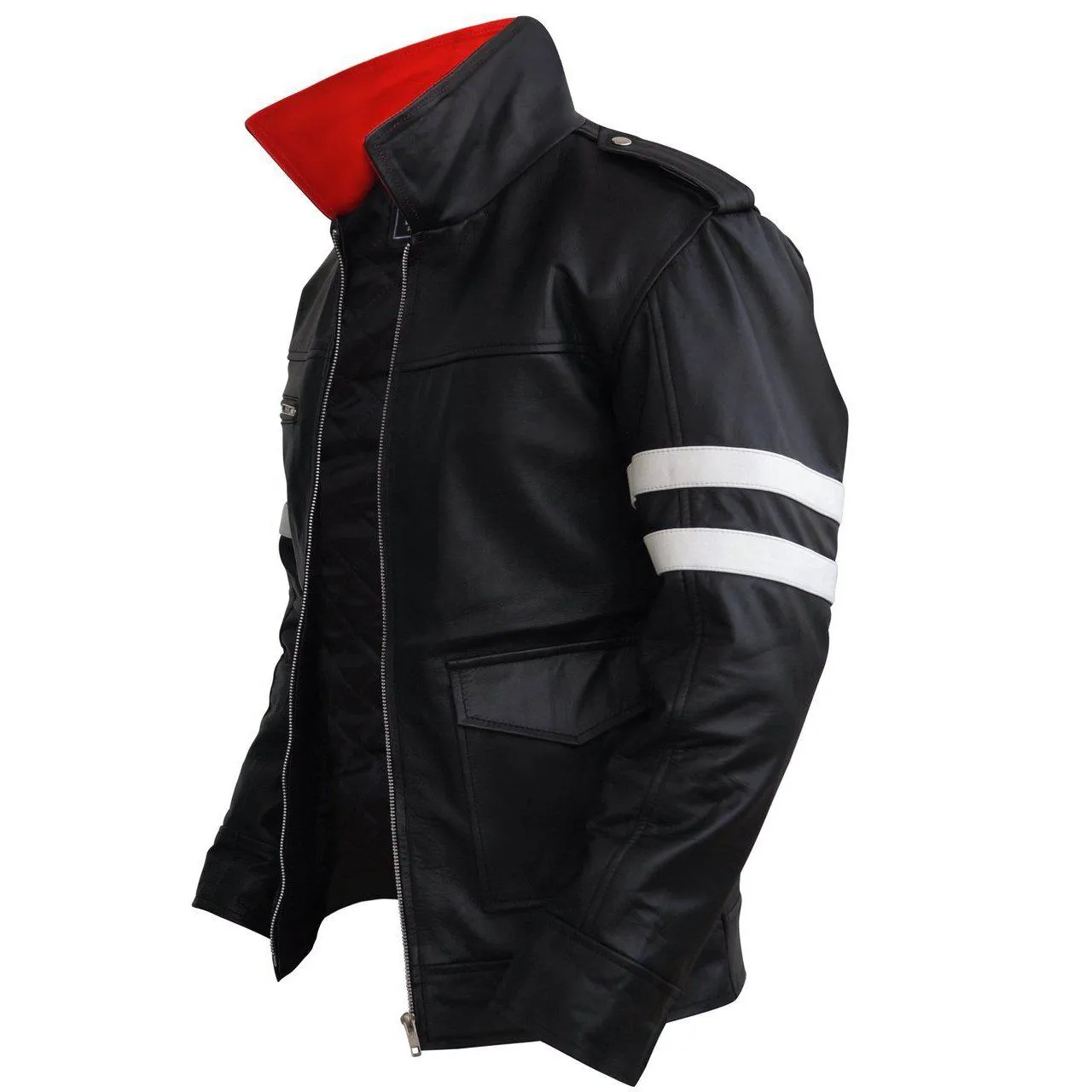 Leather Skin Black Leather Jacket with White Stripes and Dragon Embroi - Leather Skin Shop