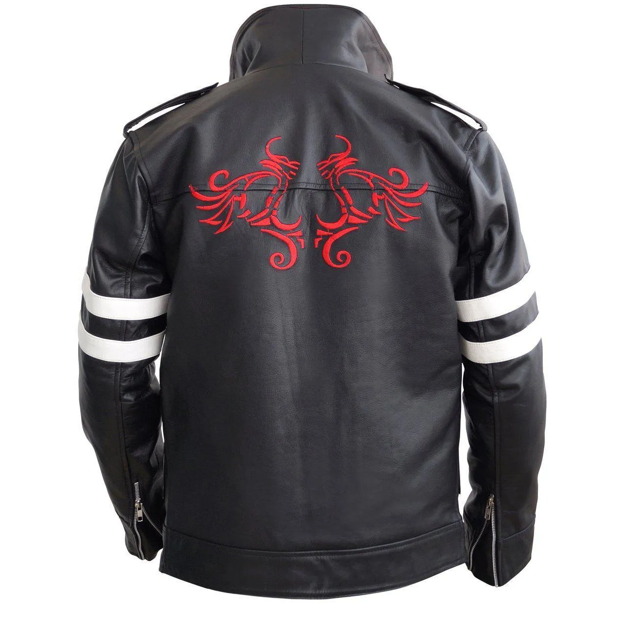 Leather Skin Black Leather Jacket with White Stripes and Dragon Embroi - Leather Skin Shop