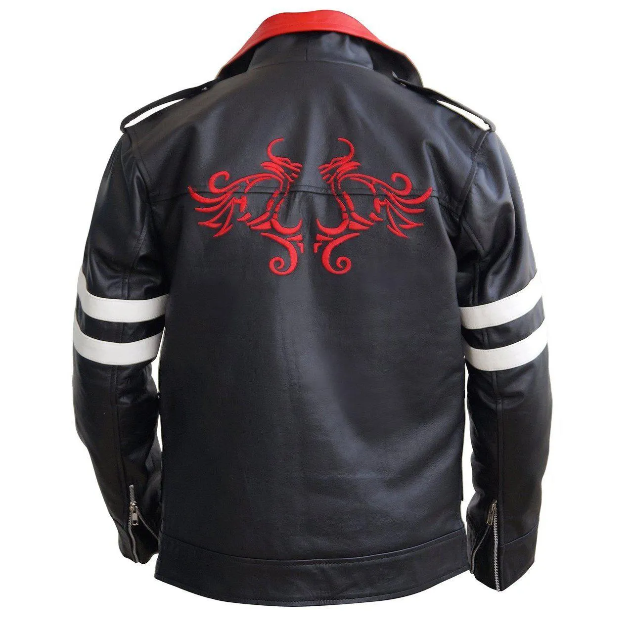 Leather Skin Black Leather Jacket with White Stripes and Dragon Embroi - Leather Skin Shop