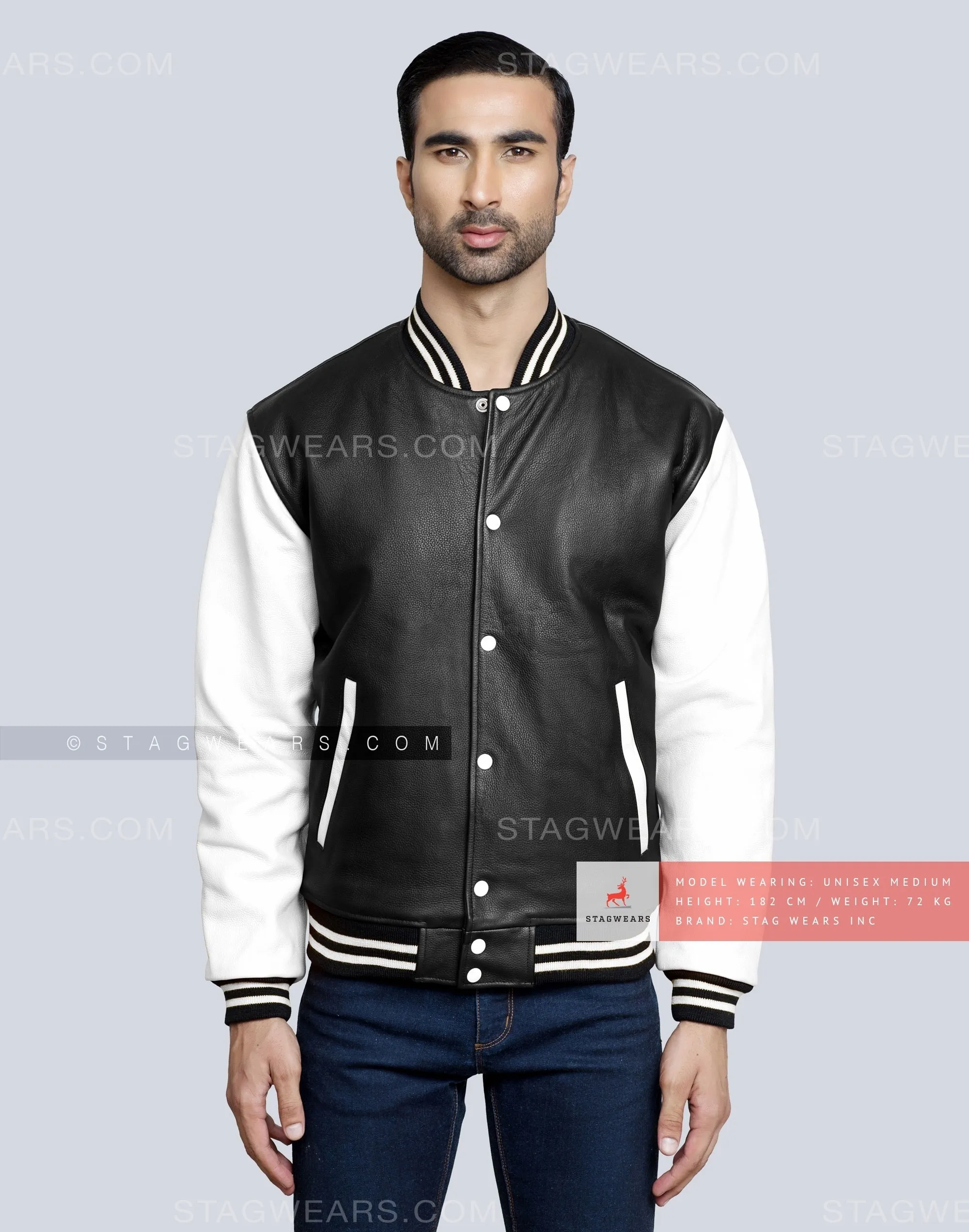 Leather Varsity Jacket with Black Body & White Sleeves