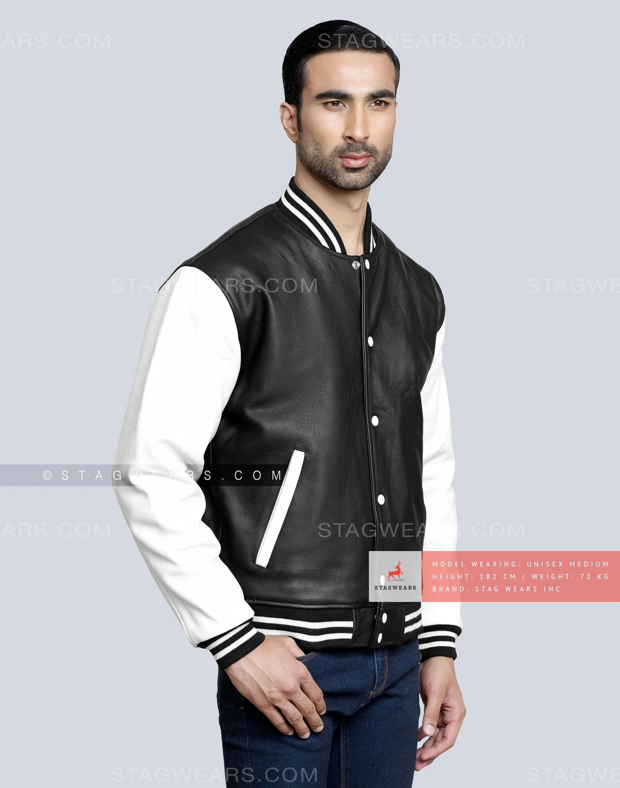 Leather Varsity Jacket with Black Body & White Sleeves