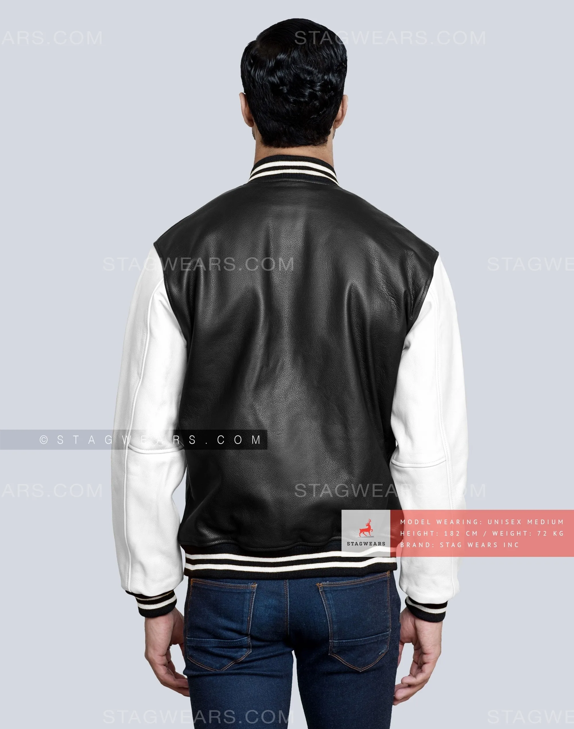 Leather Varsity Jacket with Black Body & White Sleeves