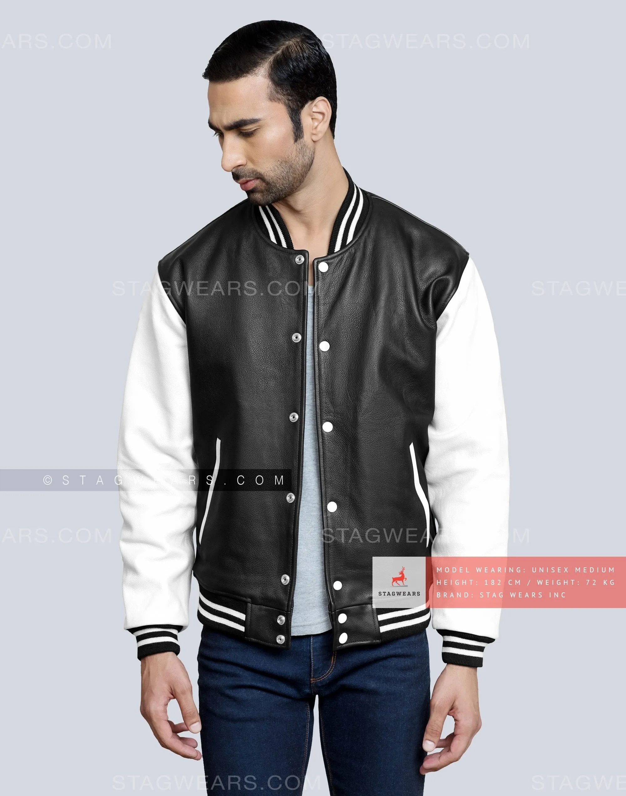 Leather Varsity Jacket with Black Body & White Sleeves